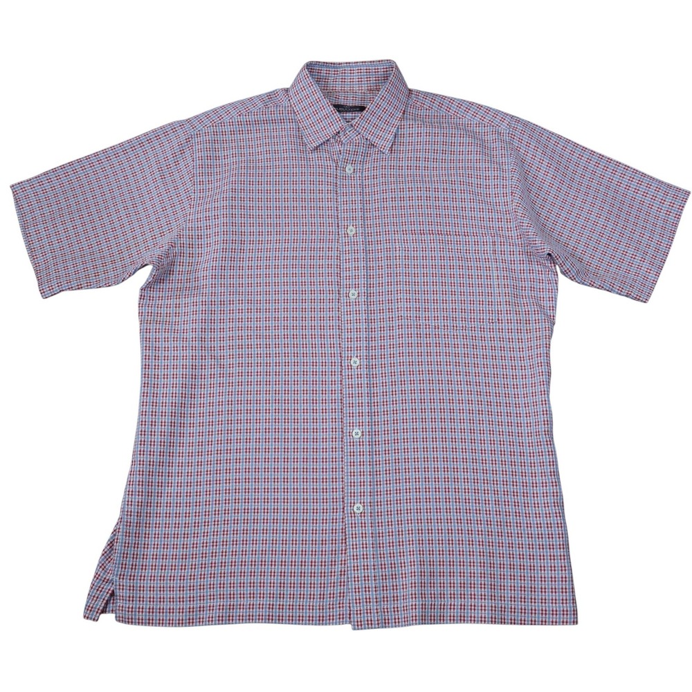 Bugatchi Mens Check Button Up Shirt Red Blue Plaid Long Sleeve Cotton Casual